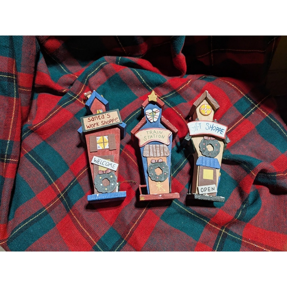 Vintage Christmas Wooden Village Buildings Train Station Gift Shop Lot‎ 3